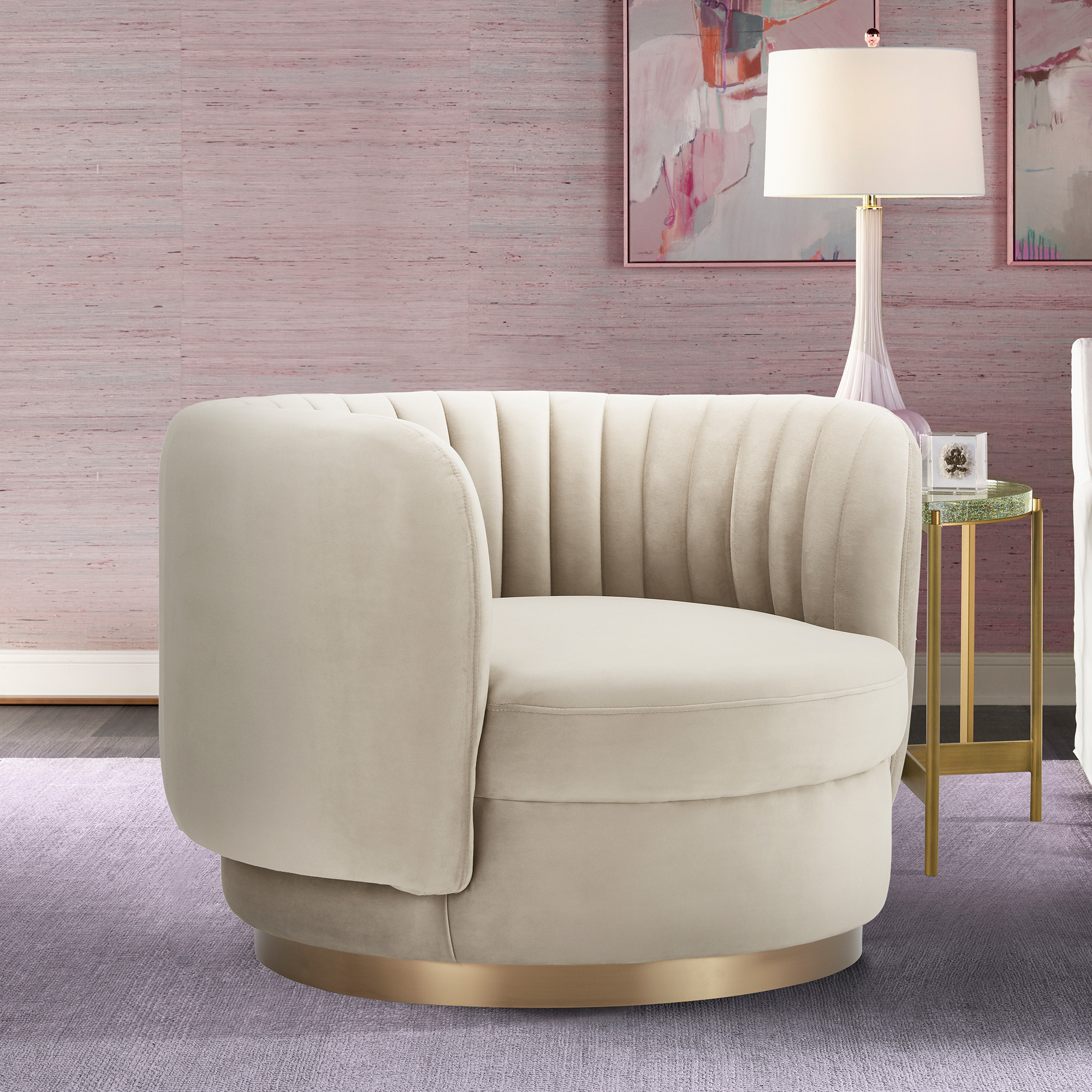 Davy Taupe Velvet Swivel Accent Chair with Gold Base by Armen Living | Homethreads