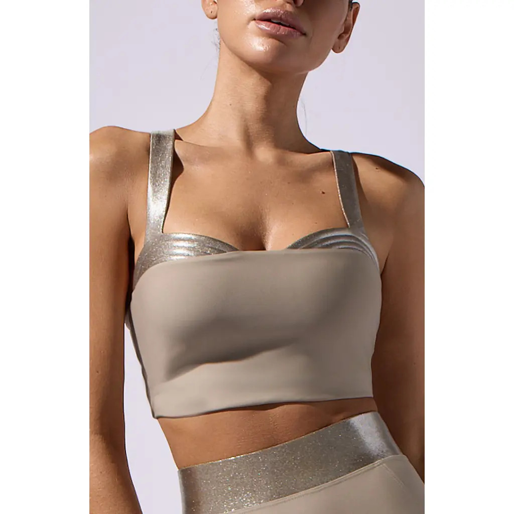 Heroine Sport Lina Metallic Trim Longline Sports Bra in Taupe at Nordstrom, Size 1 30 | Nordstrom