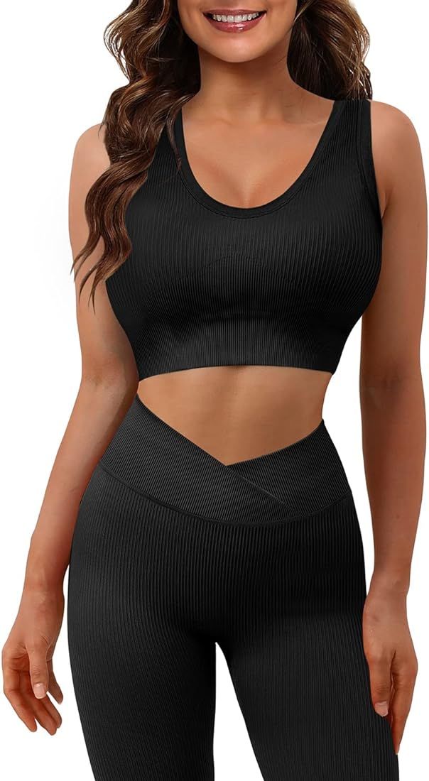 Women Workout Sets Ribbed Seamless 2 Piece Matching Outfits Sports Bra Yoga Gym Activewear Sets | Amazon (CA)