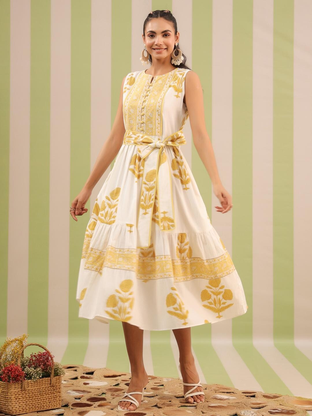 Hand Block Printed Dress | Summer Midi Dress | Cotton Floral Dress Spring| White & Yellow Dress| ... | Etsy (US)