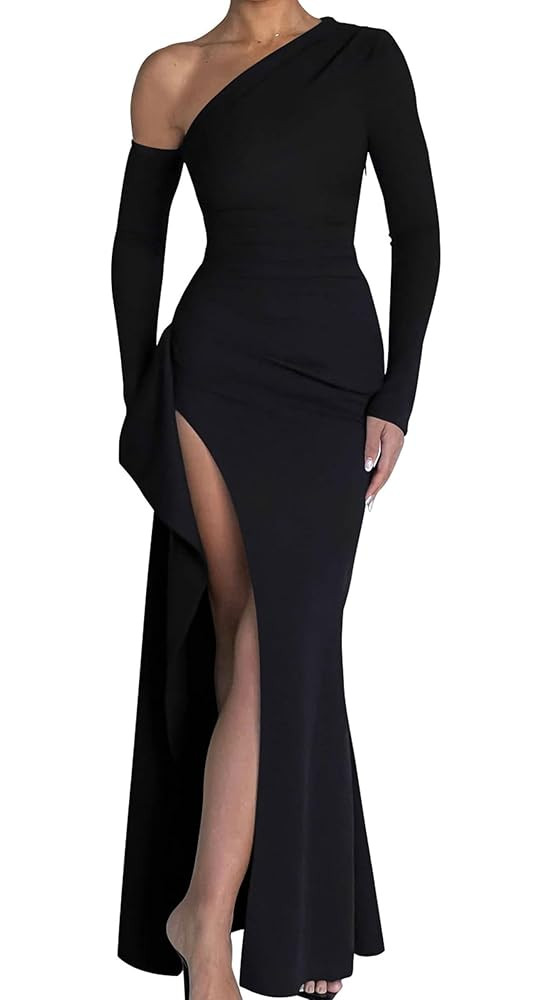 Memoriesea Women's One Shoulder Long Sleeve Sexy High Slit Wedding Guest Party Maxi Dress | Amazon (US)