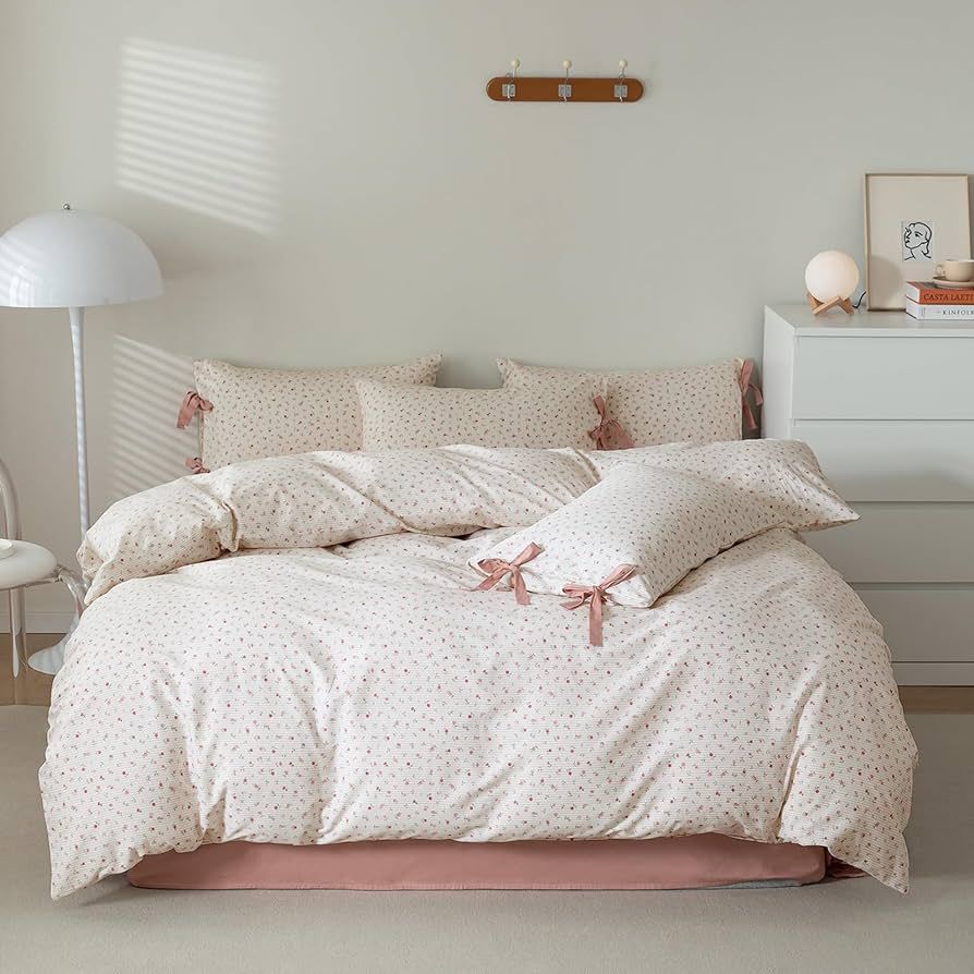 AOJIM White Duvet Cover Set, 100% Cotton Comforter Cover with Pink Floral Print, Bedding 3 PCs (1... | Amazon (US)