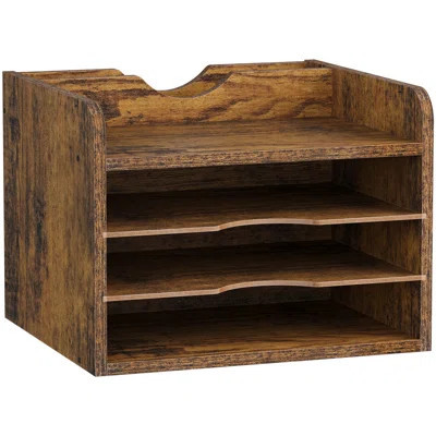 Rustic Brown 4-Tier Wood Desktop Organizer With Vertical File Compartment For Office Supplies | Wayfair North America