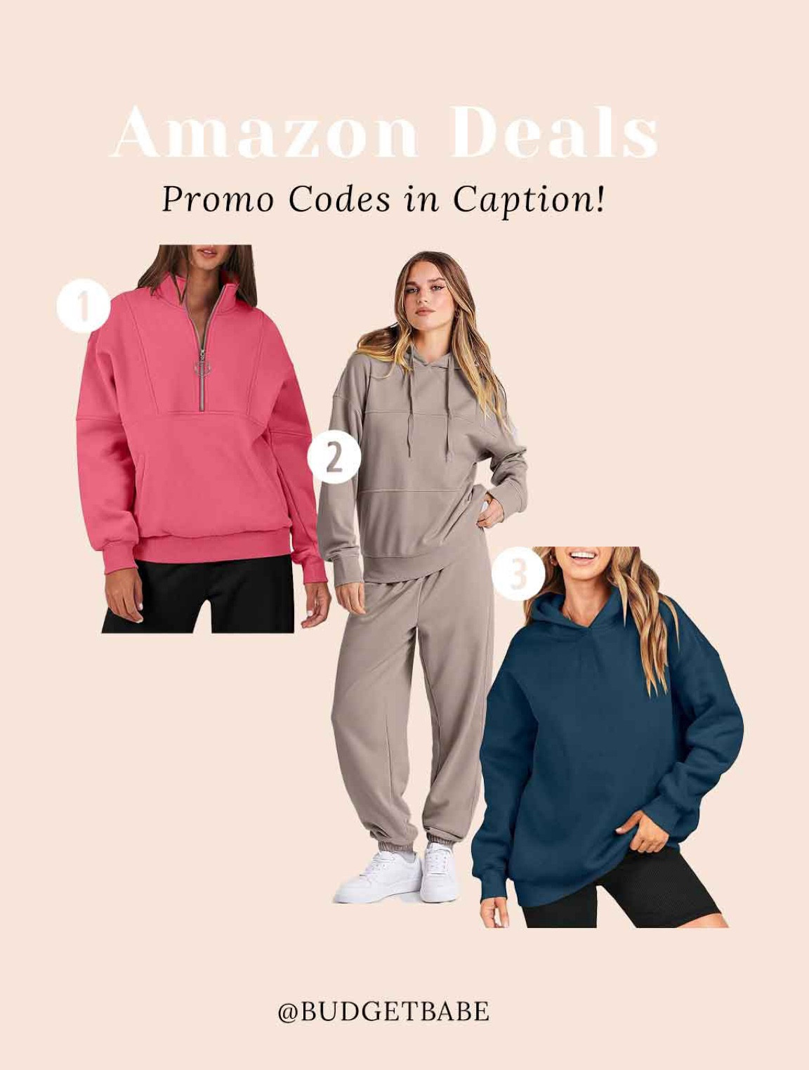 Amazon daily deals! This pink pullover (I have it in gray)  is my favorite for cold winter and fall days, it’s oversized and I wear a small. 
1. 353QT7IX (sale price $13.49!!)
2. 3077JK5L (sale price $25.79)
3. 353YF1T1 (sale price $13.49!)
