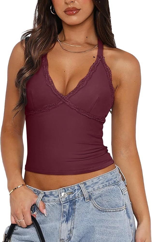 PINKMSTYLE Camiseta sin mangas sexy con cuello en V para mujer, con ribete de encaje, ajustada, d... | Amazon (US)