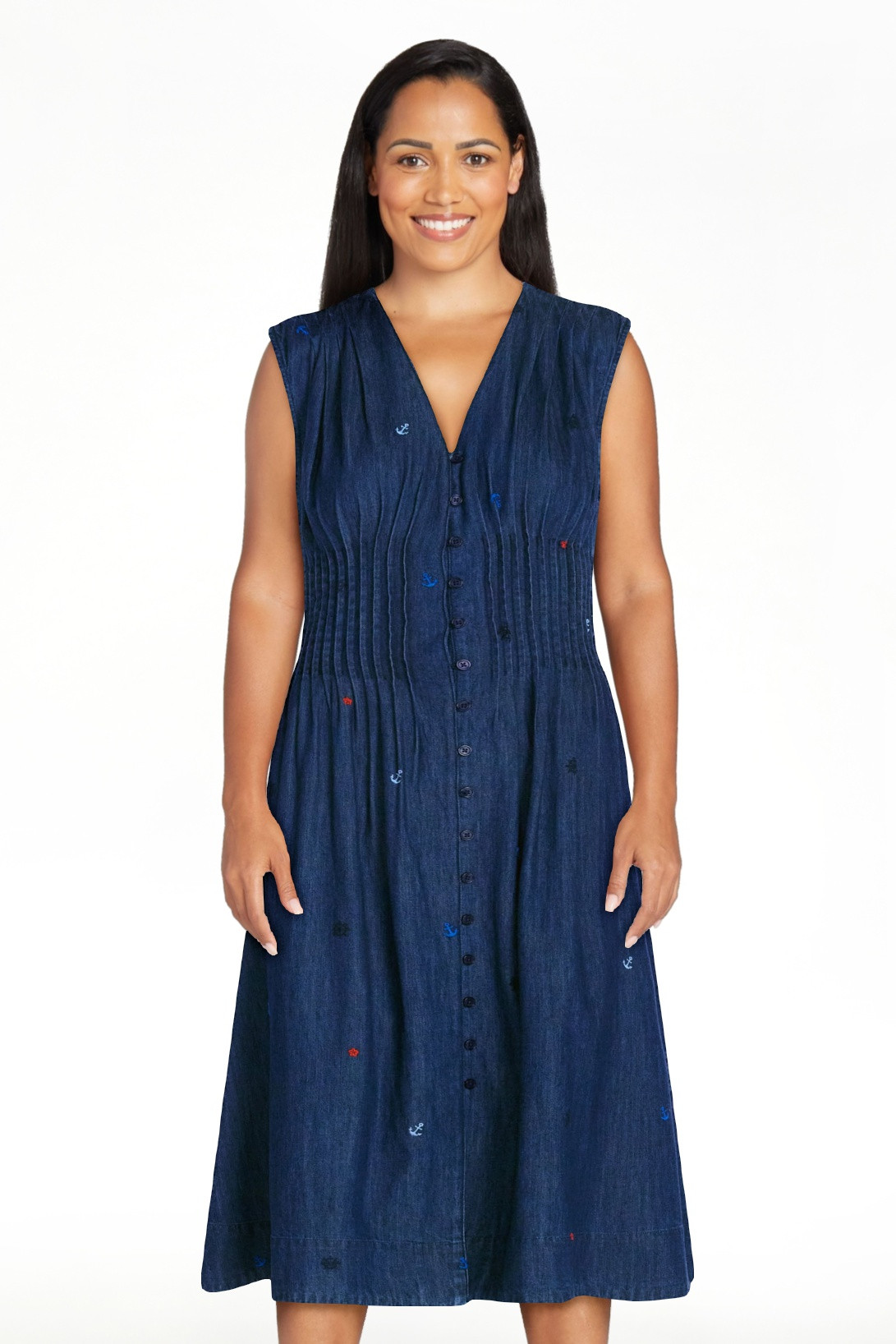Free Assembly Vestido Midi sin Mangas de Mezclilla Bordada con Cuello en V para Mujer, Tallas XS-... | Walmart (US)