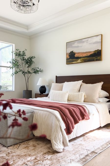 Cozy Bedroom with blush and neutrals: mid-century bed, cube storage bench, black crystal chandelier, knit blanket, white bed sheet, throw pillow, solid wood night stand.


#LTKstyletip #LTKhome