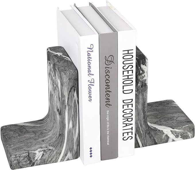 MyGift Black and White Marble Style Decorative Bookends for Shelves, Elegant Office Desk L-Shaped... | Amazon (US)