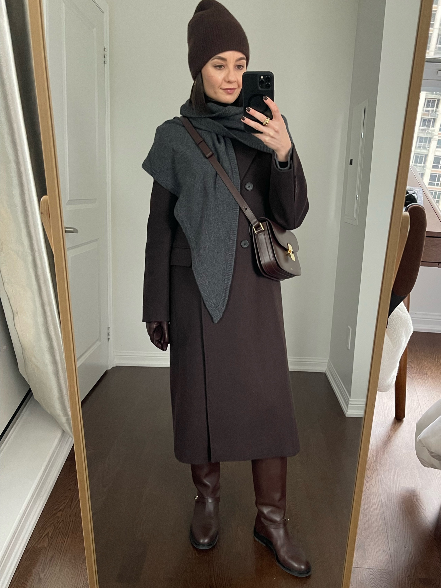 Brown coat, brown knee high boots, grey cashmere scarf, brown cashmere beanie

#LTKStyleTip #LTKSeasonal #LTKHoliday
