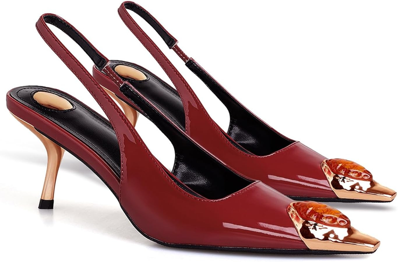 THESHY Womens Slingback High Heels Metal Pointed Toe Stiletto Heels Gems Embellished Stretch Slin... | Amazon (US)