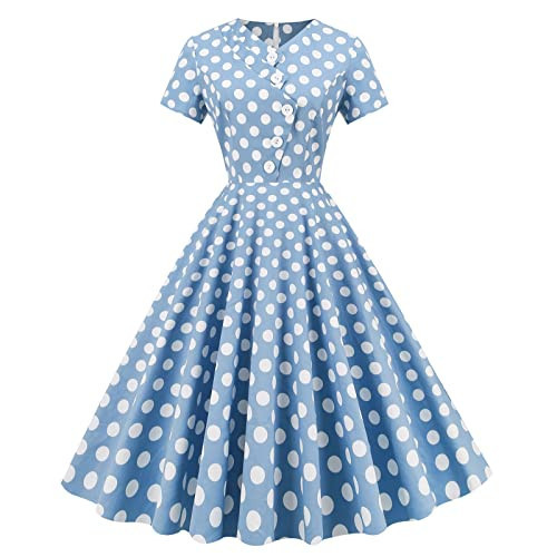 Women 50s Vintage Polka Dot 1950s Cocktail Swing Dress Short Sleeve Retro Audrey Hepburn Rockabilly Prom Tea Dress Button Fit and Fared A-Line Wedding Guest Evening Party Midi Dress Blue-Buttons S | Amazon (US)