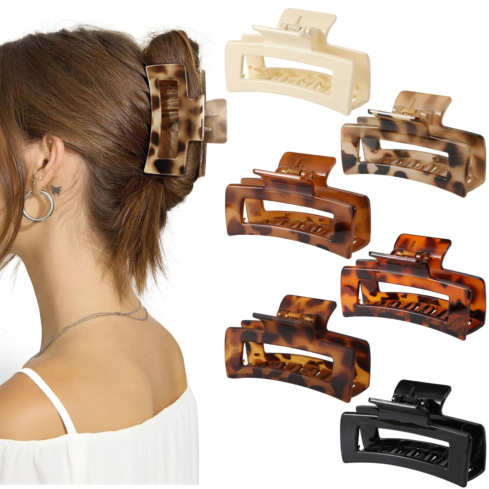 Auseibeely 6 Pcs Rectangle Tortoise Shell Claw Clip - 3.35 Inch Medium Hair Clips for Women and G... | Amazon (US)
