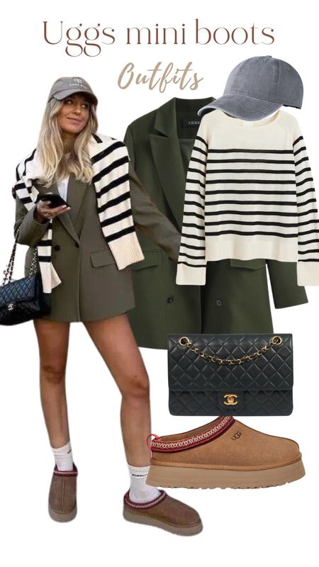 Olive green blazer, striped sweater grey cap, uggs mini, spring outfit, spring fashion 

#LTKfindsunder50 #LTKstyletip #LTKtravel