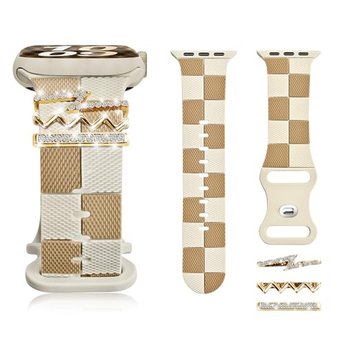 Silicone Strap for Apple Watch Band 38mm 40mm 41mm 42mm, Stylish Checkered Bracelet with Gold Bli... | Amazon (US)