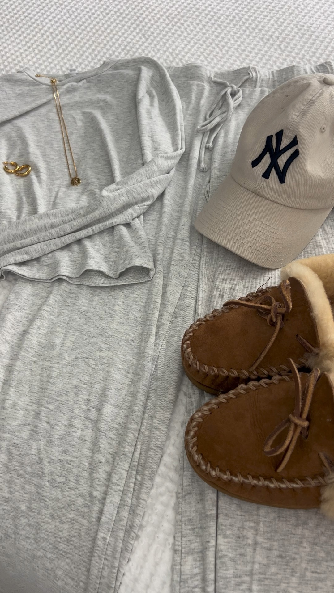 Lounge luxe in this soft light grey cotton set, moccasins, and gold jewelry to add just the right amount of glow 💖 Perfect for those laid back days where comfort is the main vibe. #LTKLounge #CozyChic #EffortlessStyle

#LTKSeasonal #LTKU #LTKFindsUnder50