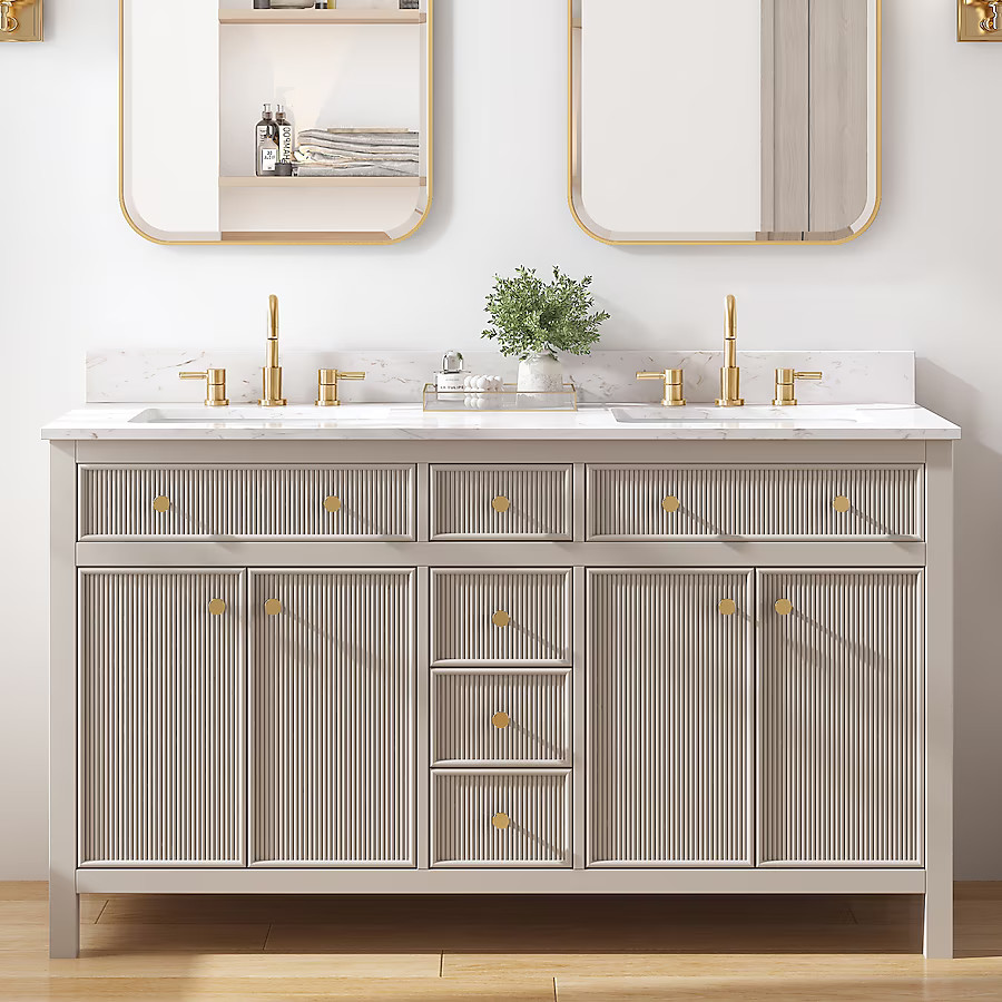 allen + roth Sandbanks 60-in Flaxen Greige Undermount Double Sink Bathroom Vanity with White Engi... | Lowe's