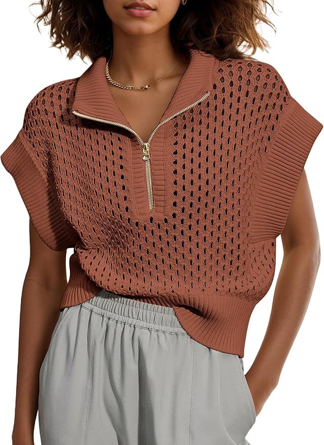 Womens Oversized Crochet Zip Sweater Vest Cap Sleeve Sweater Tops Casual Lapel Collar See Through... | Amazon (US)