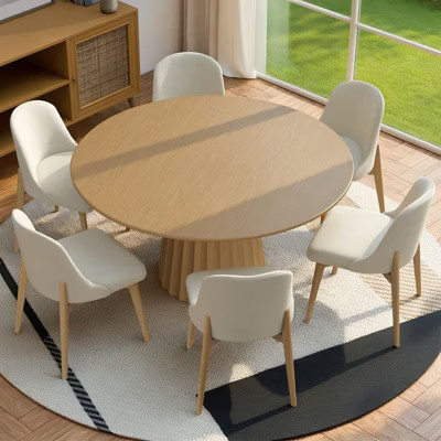 PexFix 52" Modern Round Dining Table Set with 8 Upholstered Chairs Natural Textured Wood Top Pleated Pedestal Base Beige Seats for Kitchen Dining Room | Target