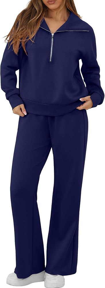 GRECERELLE Lounge Sets For Women 2025 Casual Lapel Half Zip Sweatshirt And Wide Leg Sweatpant 2 P... | Amazon (US)