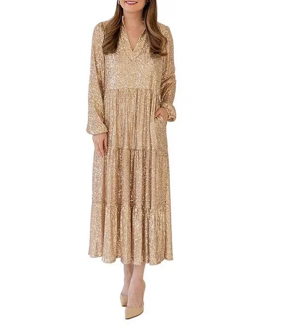 SAIL to SABLE x Style Charade Anne Sequin Split V-Neck Long Sleeve Tiered A-Line Midi Dress | Dil... | Dillard's