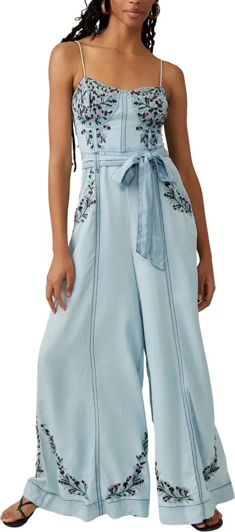 Brigitte Embroidered Wide Leg Denim Jumpsuit | Nordstrom