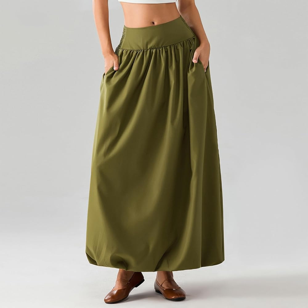 NUFIWI Women Y2k Bubble Maxi Skirt Low Elastic Waist A Line Long Skirt Summer Casual Ruffle Pleat... | Amazon (US)