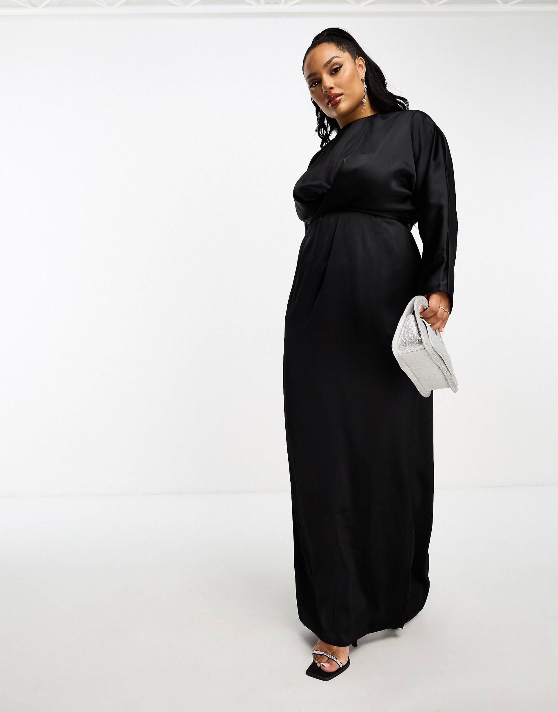 ASOS DESIGN Curve satin maxi dress with batwing sleeve and wrap waist in Black | ASOS (Global)