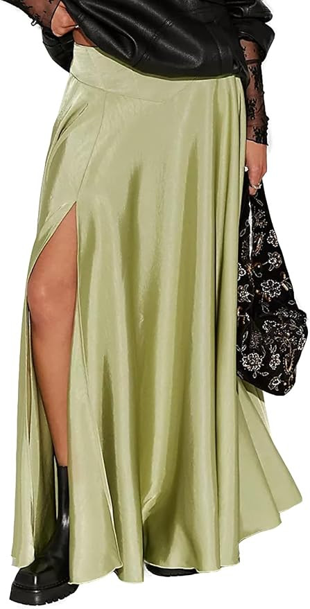 Women's Satin Maxi Skirt Side Slit Cocktail Party Holiday A-line Silk Long Skirts with Pockets | Amazon (US)