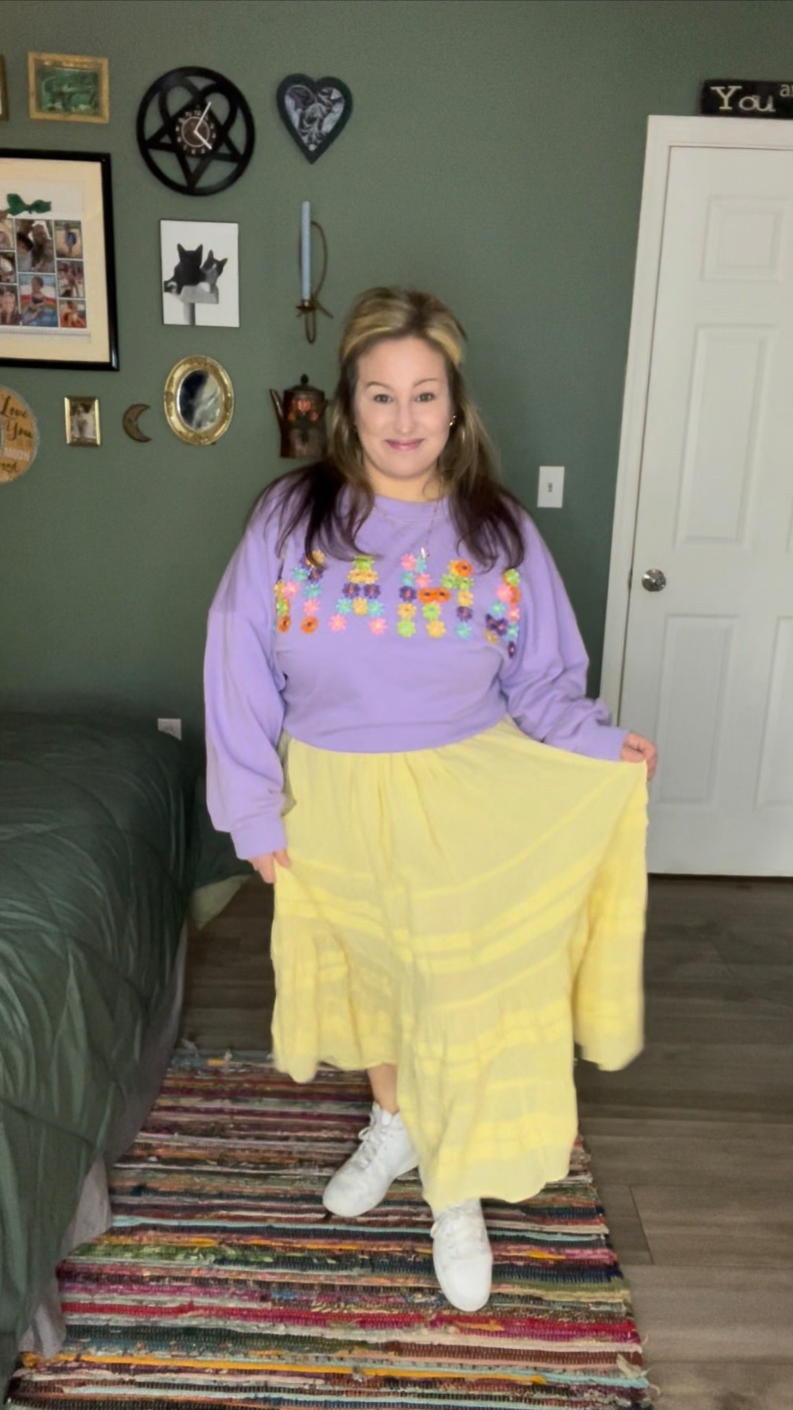 Love that I can style this dress in many ways, even layering it with a sweater!💜💛

Both sweater and dress were thrifted! 
Sweater- XXL (very oversized!) -says MAMA

#LTKSeasonal #LTKStyleTip #LTKMidsize