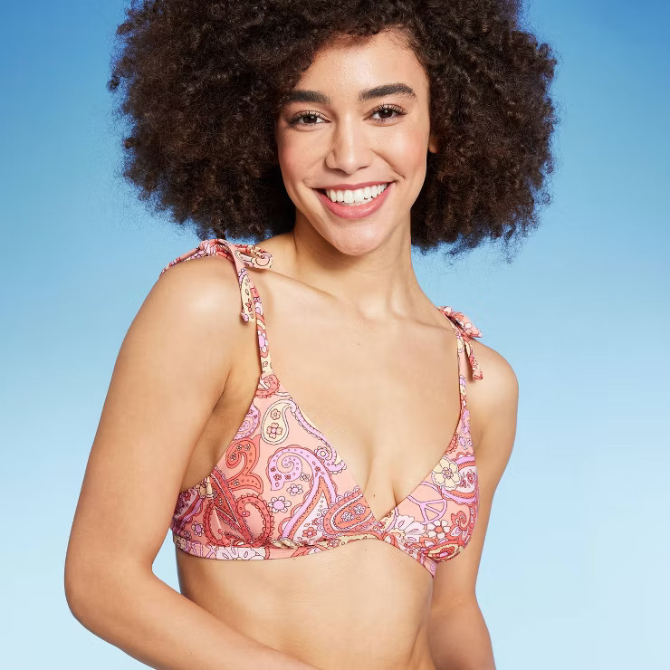 Women's Shoulder Tie Bralette Bikini Top - Wild Fable™ Peach Paisley Print | Target