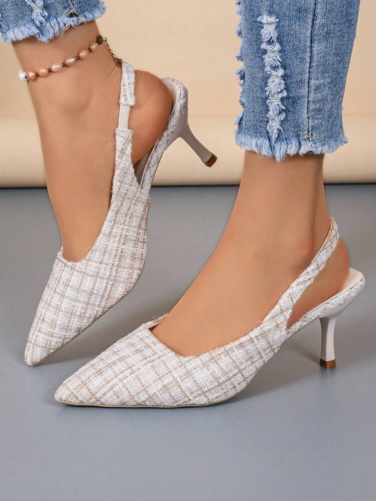 Women's Pointed Toe Kitten Heel Shoes, Solid Color Pointed-Toe Elastic Band High Heels Sandals, Slip-On Black Ladies Shoes | SHEIN
