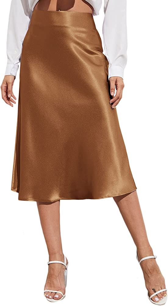 Verdusa Women's Elegant High Waist Satin A Line Flared Midi Skirt | Amazon (US)