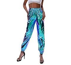 SIAEAMRG Womens Shiny Metallic High Waist Stretchy Jogger Pants, Wet Look Hip Hop Club Wear Holog... | Amazon (US)