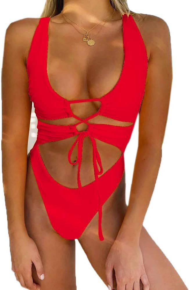 CHYRII Women's Sexy Cutout Lace Up Backless High Cut One Piece Swimsuit Monokini | Amazon (US)