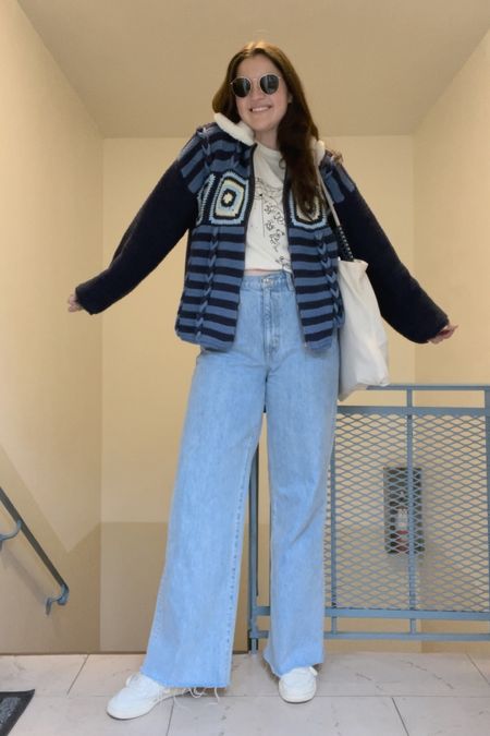 Crochet blue zip up jacket/coat, Grateful Dead graphic tee, T-shirt, shopbop SLVRLAKE Grace High Rise Wide Leg Jeans, denim, budget friendly, affordable, gold jewelry (rings, earrings) from amazon, round metal ray ban sunglasses, women’s reebok sneakers, comfy shoes, comfy clothes, harry styles pleasing canvas tote bag

#LTKunder50 #LTKunder100 #LTKstyletip