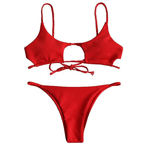 ZAFUL Womens Cut Out Bikini Set Swimsuit Cami String High Cut Sexy Bathing Suit Red | Amazon (US)
