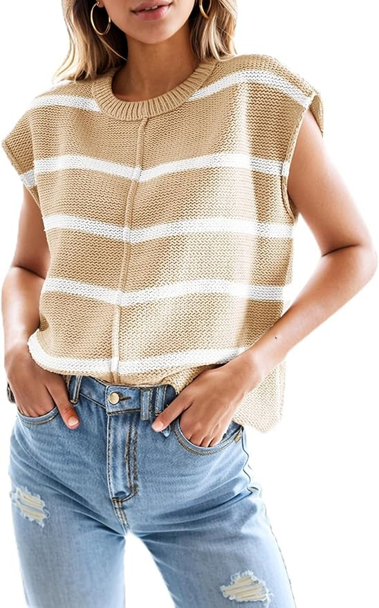 Womens Tops Cap Sleeve Striped Knit Tank Top Loose Fit Sweater Vest 2025 Spring Summer Outfits Pu... | Amazon (US)