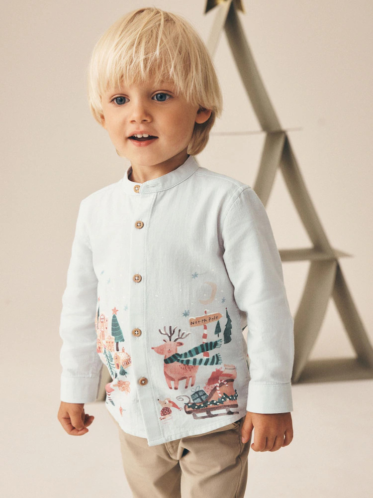 Light Grey Christmas Scene Long Sleeve Grandad Collar Scene Printed Shirt (3mths-10yrs) | Next US