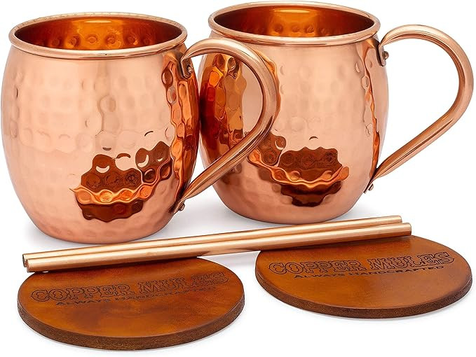 Copper Mules Moscow Mule Copper Mugs Set of 2 Hand Hammered - Classic Riveted Handles – The Fin... | Amazon (US)