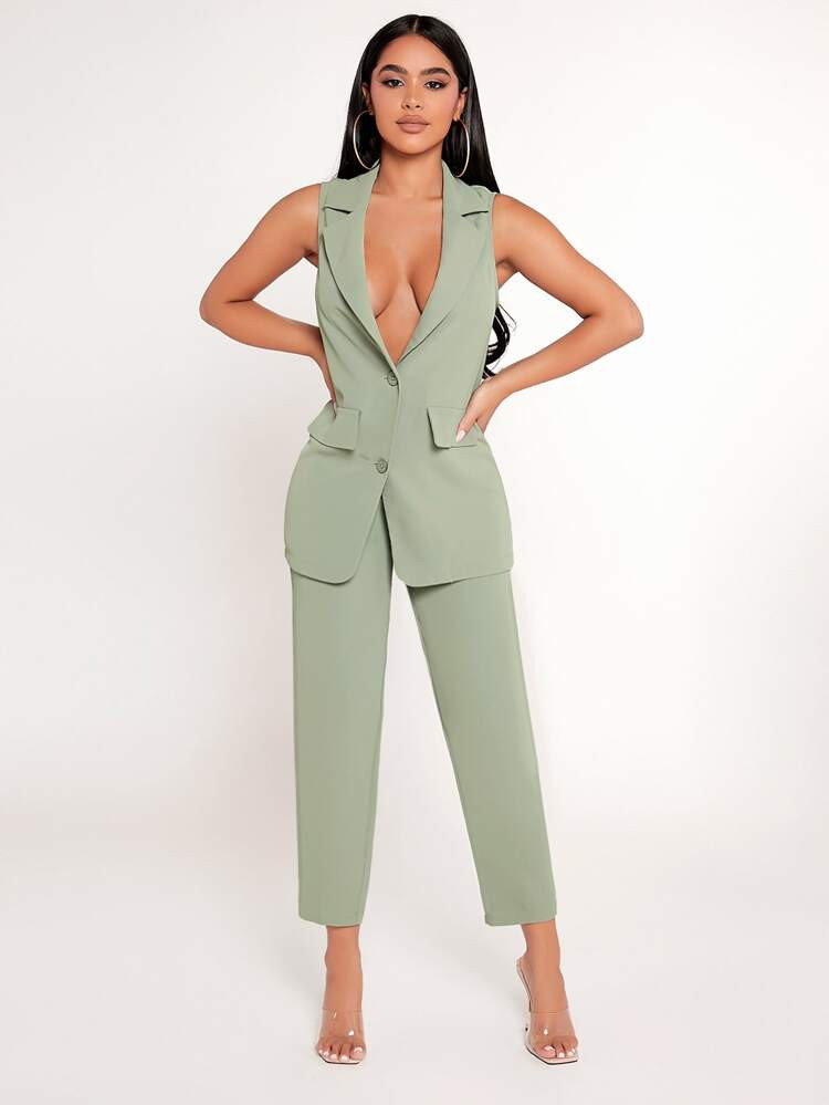 SHEIN PETITE Solid Single Breasted Vest Blazer & Pants Set | SHEIN