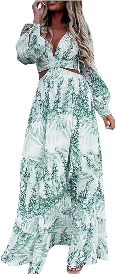 LYANER Women's Print Deep V Neck Puff Long Sleeve Cut Out Side Flowy Long Dress Green X-Large | Amazon (US)
