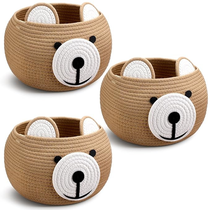 Uiifan 3 Pcs Baby Laundry Basket Bear Baby Shower Basket Gift Basket Cute Round Cotton Rope Baske... | Amazon (US)