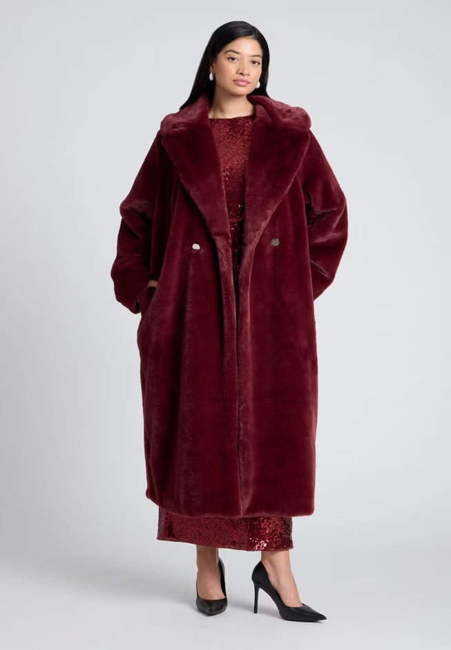 Faux Fur Long Coat, Double Breasted Style, Burgundy | Eloquii