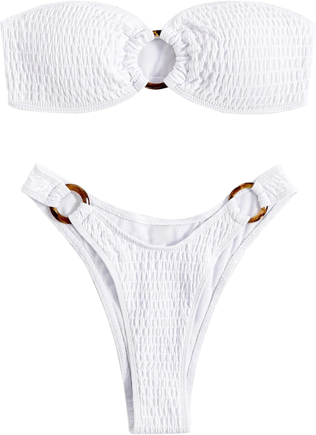 WDIRARA Women's Cut Out Ring Bandeau Bikini Swimsuit Smocked Bathing Suits | Amazon (US)