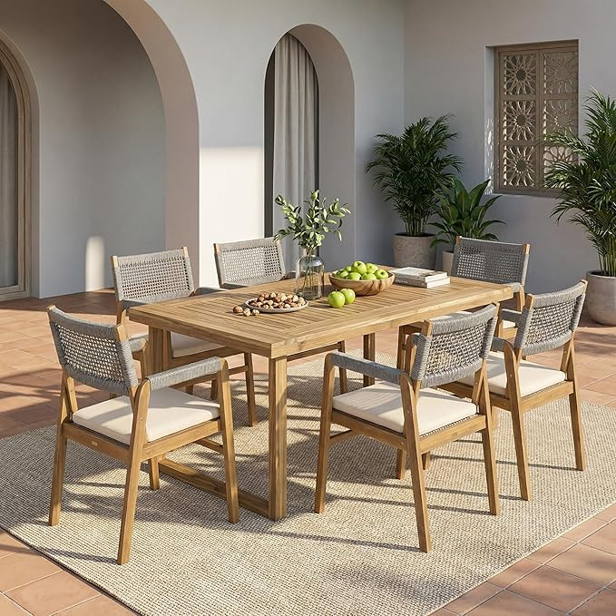 Christopher Knight Home Terry Acacia Wood Patio Dining Set for 6, Solid Wood Outdoor Dining Table... | Amazon (US)