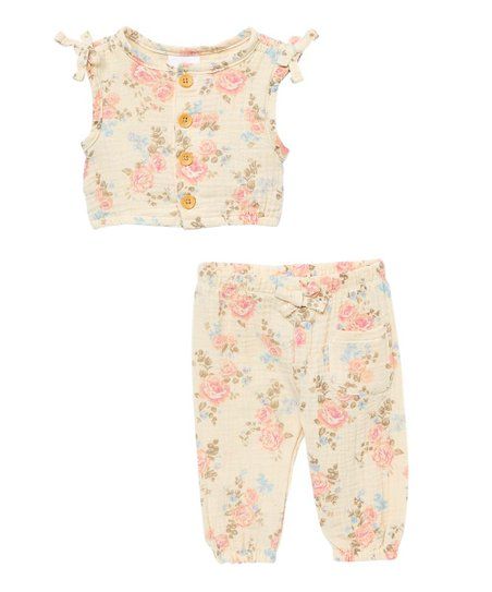 Yellow & Pink Floral Button-Front Sleeveless Top & Joggers - Newborn & Infant | Zulily
