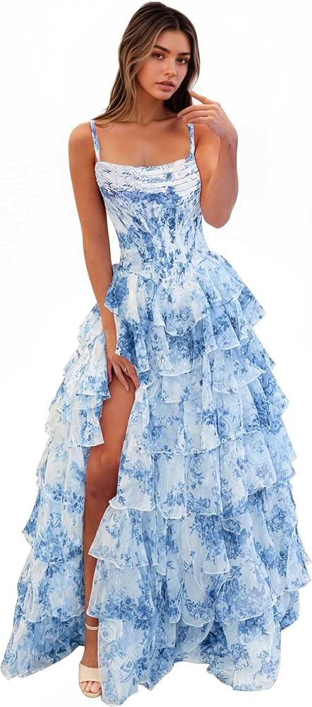 Tiered Chiffon Floral Prom Dress 2026 Puffy Long Spaghetti Straps Formal Evening Cocktail Dress w... | Amazon (US)