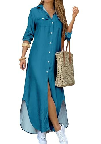 LINNERDA Women's Button Down Casual Shirt Dresses Long Sleeve Maxi Dress Lapel Collared Solid Color Loose Dress Turquoise L | Amazon (US)