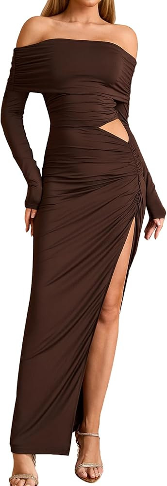 EYNMIN Off Shoulder Long Sleeve Maxi Dress Ruched Bodycon Slit Elegant Formal Fall Wedding Guest ... | Amazon (US)