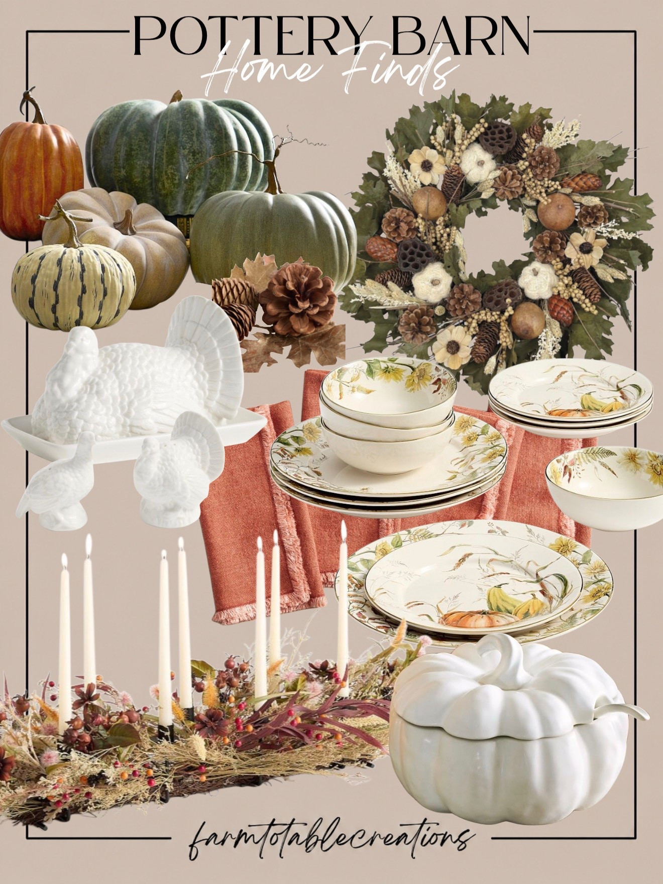 Pottery Barn Thanksgiving Favorites 🍂🦃

Thanksgiving decor that feels warm, timeless, and beautifully collected. These Pottery Barn finds combine rich autumn pumpkins, botanical dinnerware, classic turkey accents, cozy rust linens, and natural textures for an effortlessly elegant holiday look.

Follow @farmtotablecreations on Instagram for more cozy home finds and trending decor.

I especially love the mix of creamy white ceramics with those earthy greens, rusts, and warm browns. From the statement wreath and candle centerpiece to the seasonal serveware, these pieces make it easy to carry that cozy Thanksgiving feeling from the table throughout your home.

#LTKHome #PotteryBarn #PotteryBarnStyle #ThanksgivingDecor #ThanksgivingTable #FallDecor #FallTablescape #AutumnHome #ThanksgivingHosting #HolidayHosting #FallHome #CozyHome #SeasonalDecor #HomeDecor

#LTKHome #LTKSeasonal